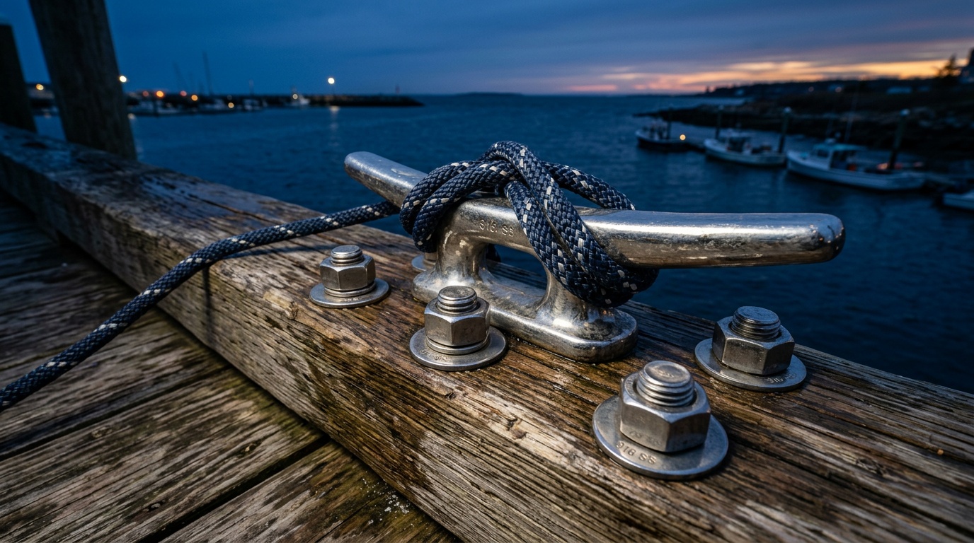 stainless steel fasteners — closing visual showing a selection of grade-stamped 316 stainless bolts and nuts in a marine installation context, warm studio lighting