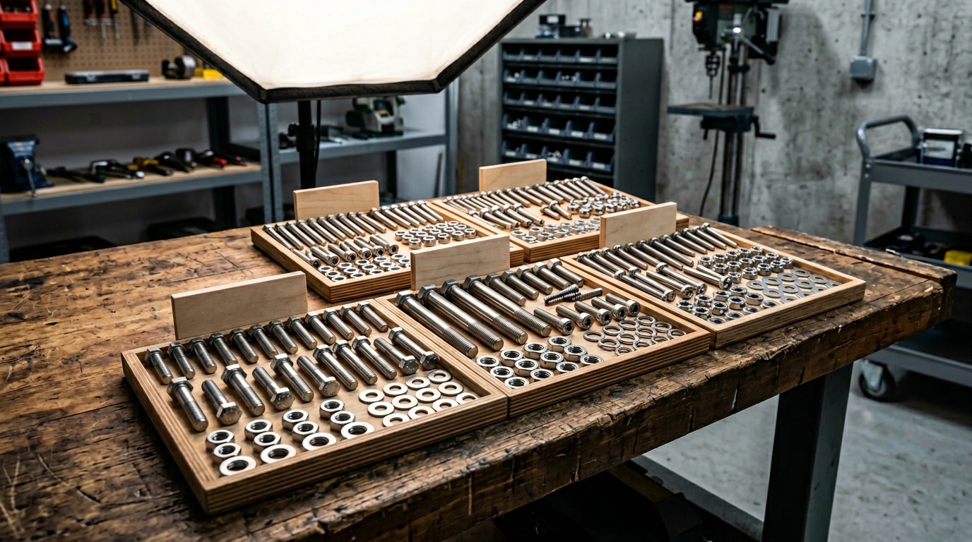 stainless steel fasteners — hero illustration showing an array of bolts, screws, and nuts arranged by grade with a marine backdrop