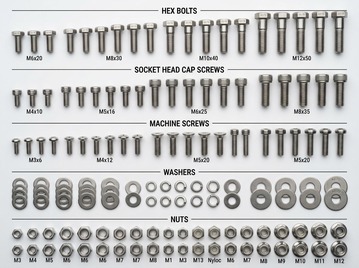 stainless steel fasteners — types illustration showing bolts, hex cap screws, socket head screws, machine screws, washers, and nuts on a clean engineering drawing background