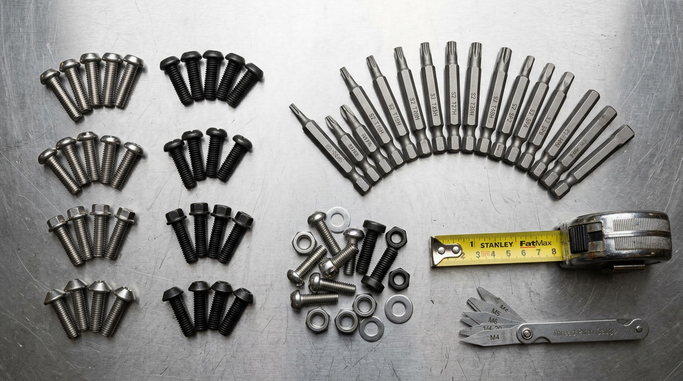 tamper proof bolts selection guide — editorial flat-lay photograph of different tamper proof bolt head types, specialty drivers, and a materials reference card on a workshop steel surface