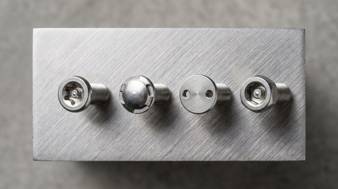 tamper proof bolts — hero image showing an array of security fasteners including pin-hex, torx pin, and one-way bolt head types arranged on a steel surface