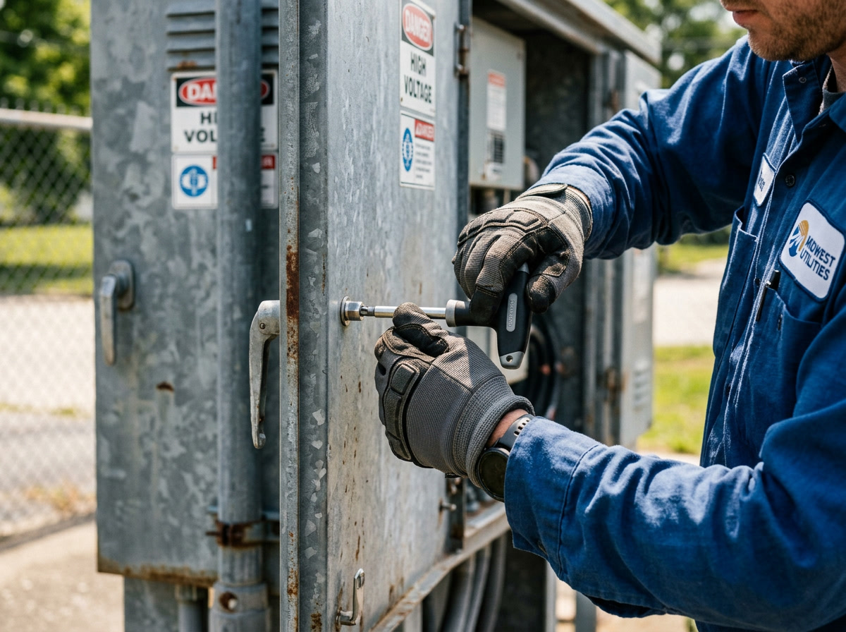 tamper proof bolts application — editorial photo of a maintenance technician using a specialty driver to install security bolts on a public utility cabinet outdoors