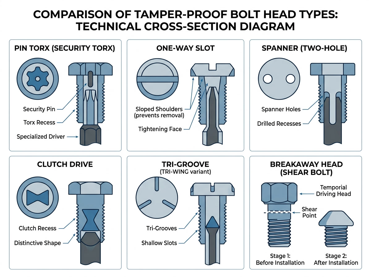 tamper proof bolts types — clean technical illustration showing cross-sections of pin torx, one-way, snake-eye, spanner, clutch drive, and tri-groove bolt heads