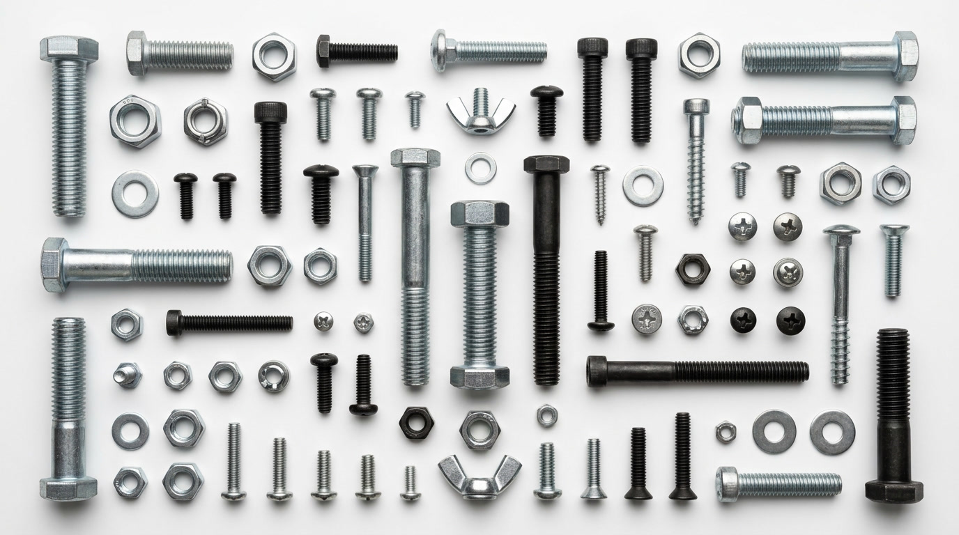 Una variedad de tornillos, pernos, tuercas y arandelas industriales utilizados en aplicaciones de fabricación y construcción.