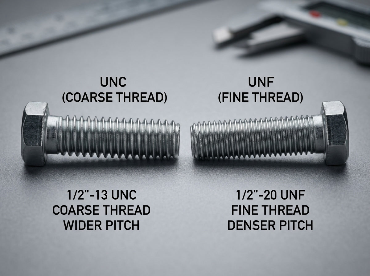 Primer plano de tornillos hexagonales que muestran rosca gruesa UNC y rosca fina UNF con tamaños 1/2"-13 UNC y 1/2"-20 UNF, utilizados en entornos industriales y de fabricación.