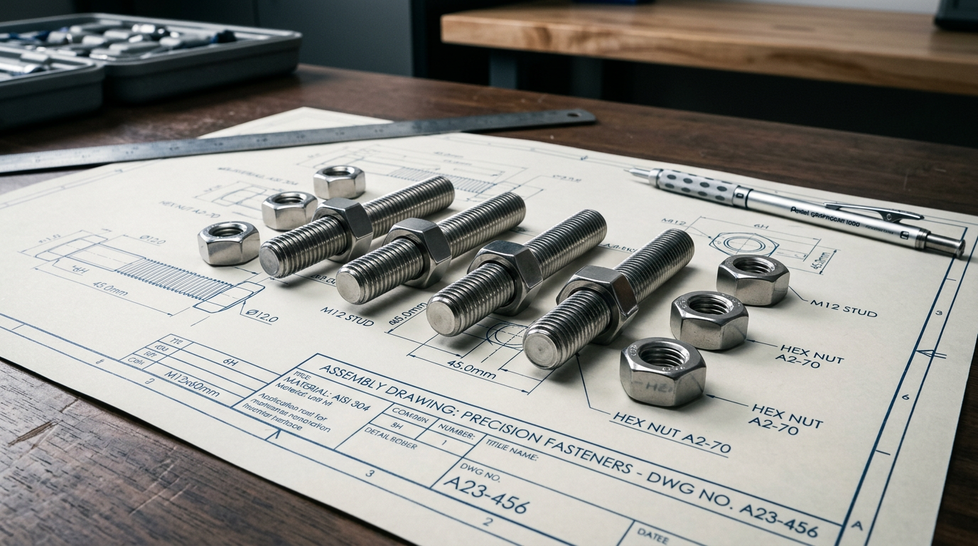 what are screw studs — editorial close-up photograph of stainless steel screw studs and hex nuts arranged on a technical drawing