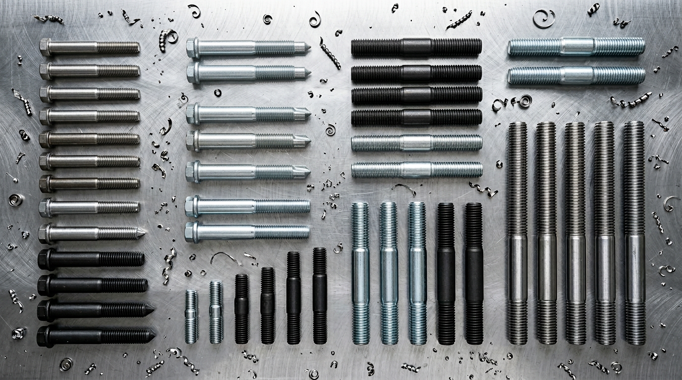 what are screw studs — hero illustration of various industrial stud fasteners on a machined metal surface