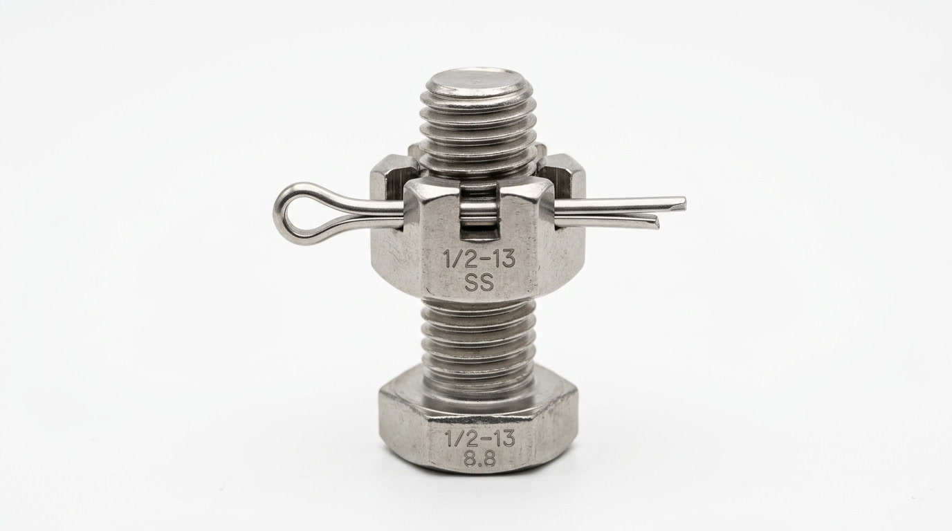 Castellated nut — hero illustration showing a stainless steel castle nut with cotter pin on a precision-machined axle bolt, studio lighting on white background