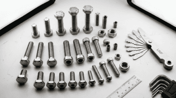 Assorted industrial bolts, screws, nuts, and measuring tools displayed on a white surface, showcasing DingLong's manufacturing of flange bolts and industrial screws.