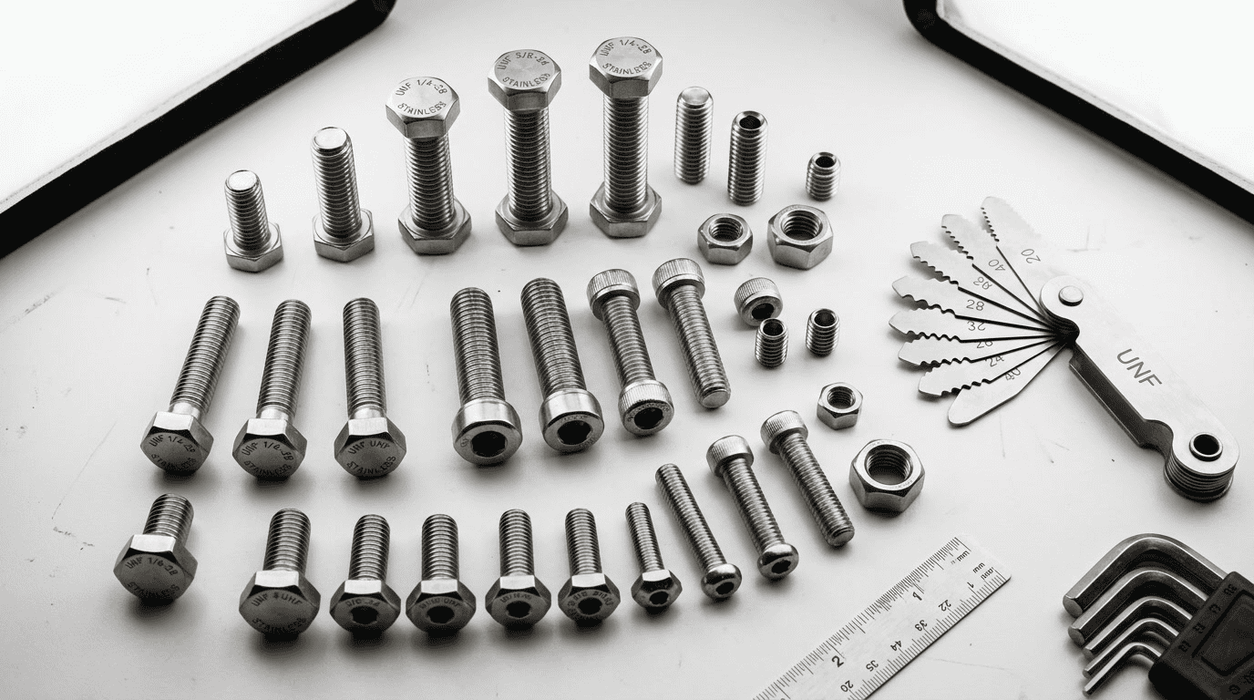UNF thread — hero illustration showing precision fastener engineering workbench with thread gauges and bolts