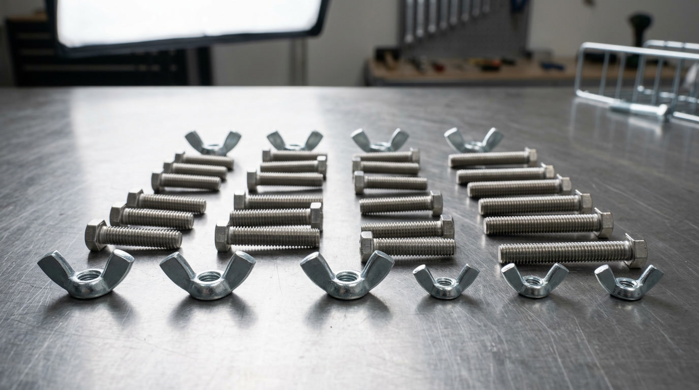 wing nuts and bolts — hero illustration showing assorted zinc-plated wing nuts and machine bolts arranged on a workshop surface