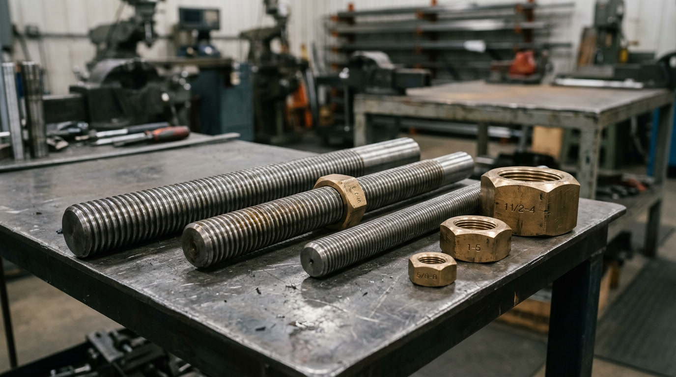 Acme threaded rod — hero illustration showing precision trapezoidal thread form components and hardware