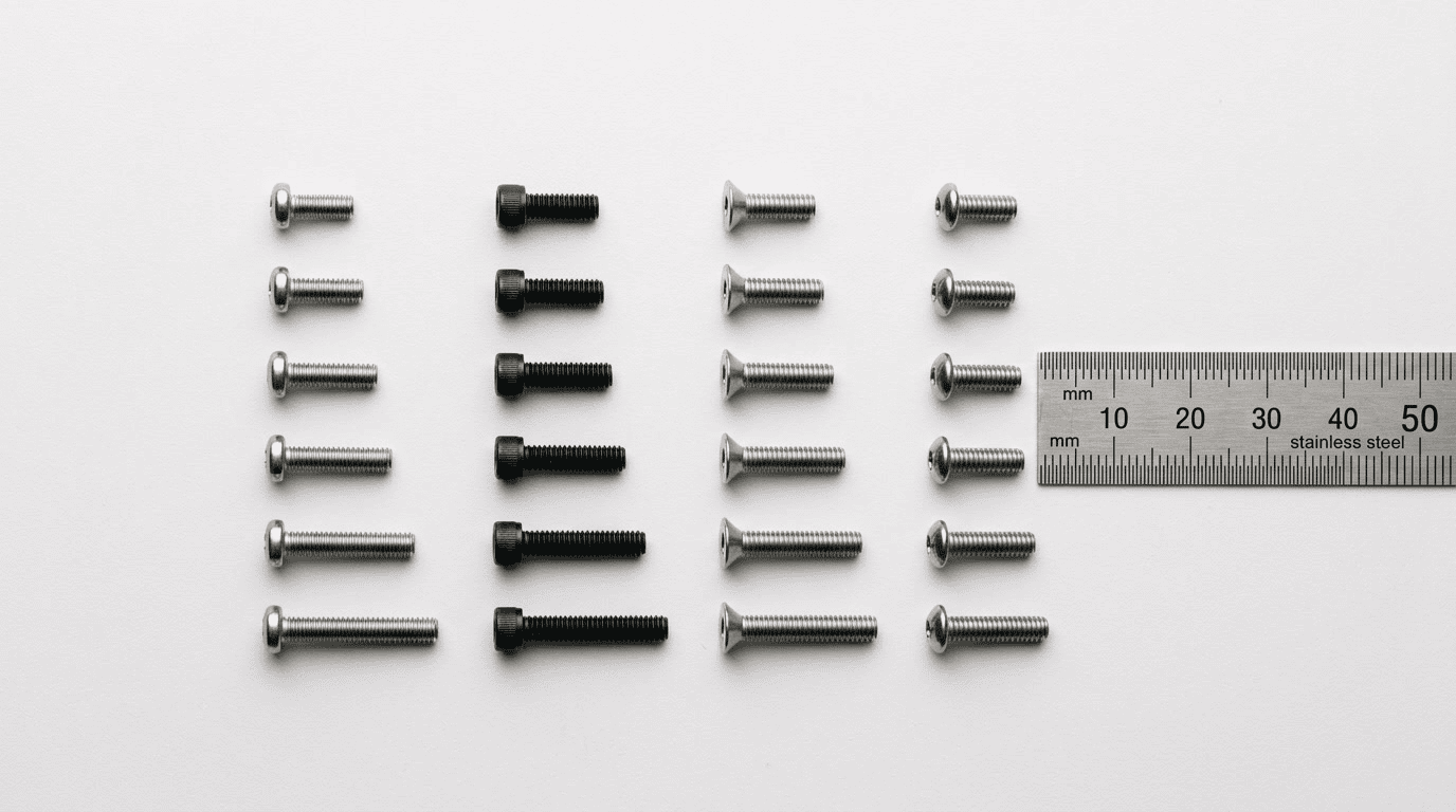 Assorted flange bolts and industrial screws in black, silver, and stainless steel, arranged with a ruler for size reference, showcasing precision manufacturing.