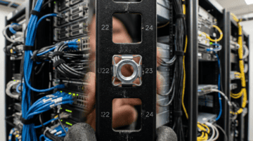 Close-up of a technician installing flange bolts in a server rack with network cables and equipment in the background.