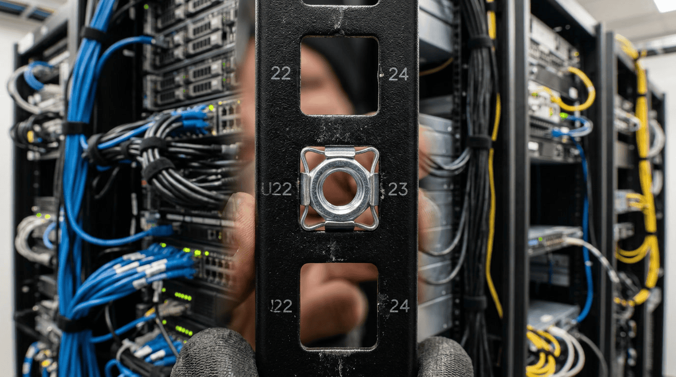 Close-up of a technician installing flange bolts in a server rack with network cables and equipment in the background.