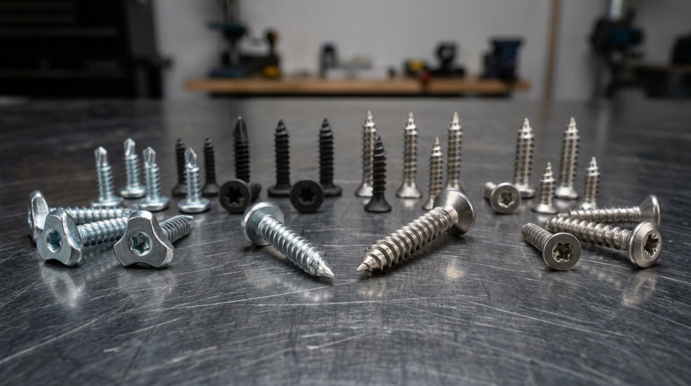 thread forming screws — hero banner showing assorted tri-lobular and Hi-Lo fasteners on industrial surface