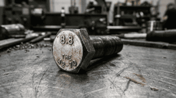 Close-up of a hex bolt marked 8.8 on a workbench, showcasing industrial fasteners used in construction and manufacturing.