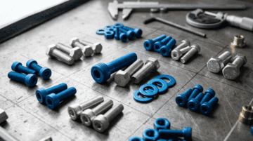 Premium industrial bolts, nuts, and screws displayed on a workbench, showcasing DingLong's manufacturing expertise in durable fasteners for industrial applications.