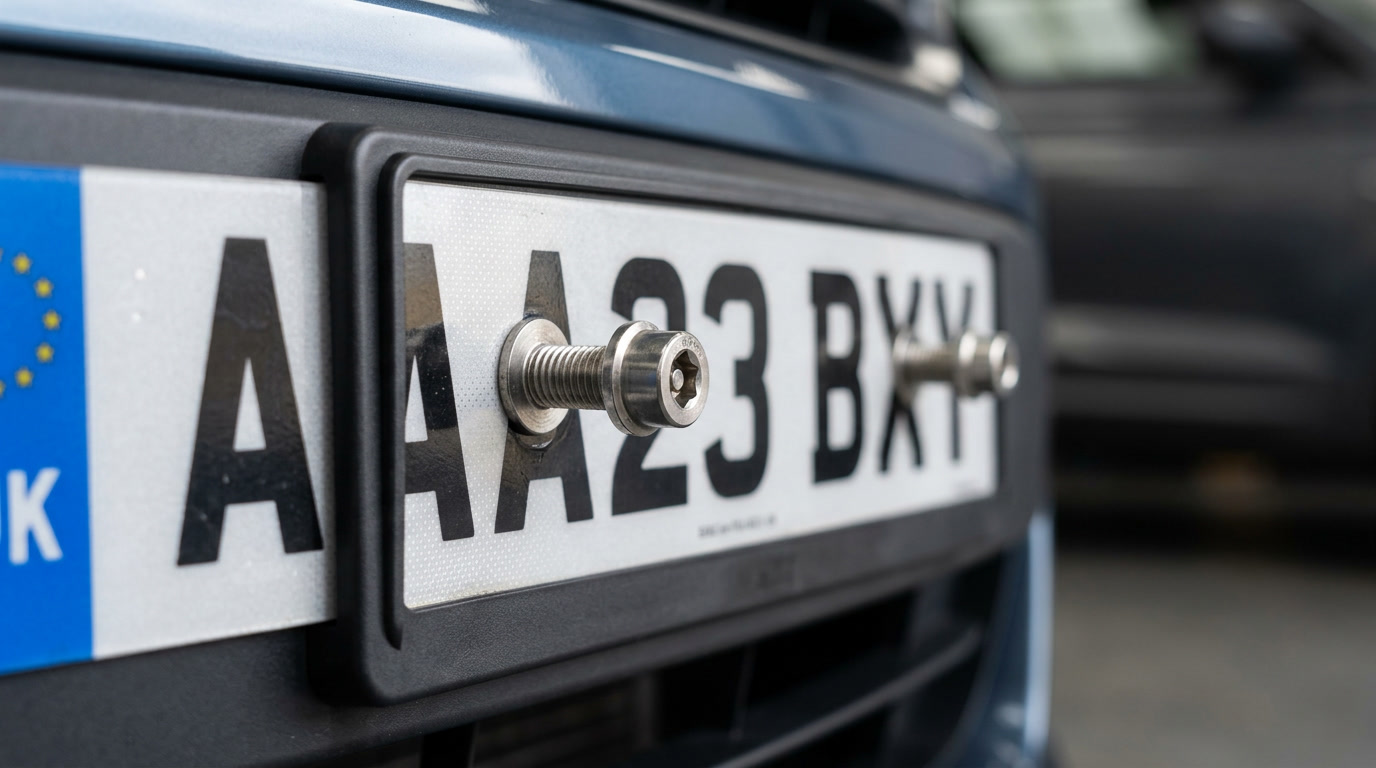 anti theft license plate bolts — hero banner showing security fasteners with automotive license plate