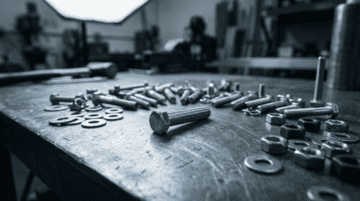Close-up of various industrial bolts, nuts, and fasteners on a workbench in a manufacturing facility, showcasing DingLong's precision hardware production.