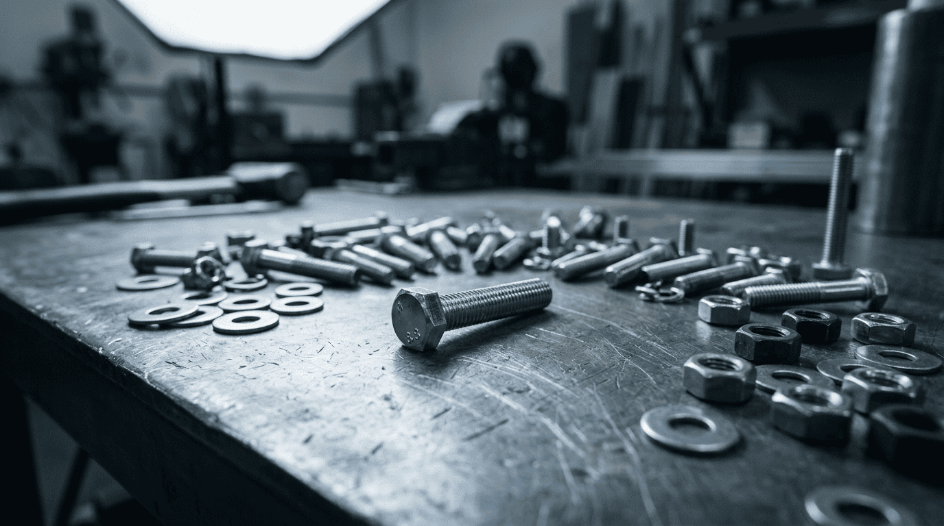 bolt and screw — industrial assortment of hex bolts, machine screws, and washers on a steel workbench