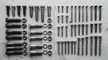 Assorted industrial screws and bolts including flange bolts, hex bolts, and fasteners arranged on a light wooden surface for manufacturing and construction applications.