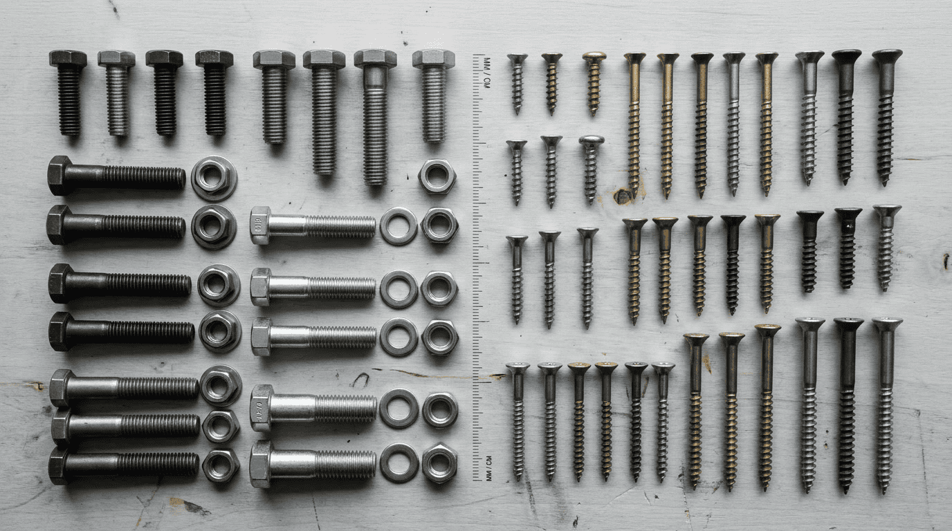Assorted industrial screws and bolts including flange bolts, hex bolts, and fasteners arranged on a light wooden surface for manufacturing and construction applications.