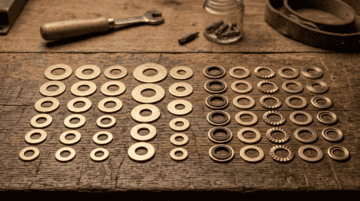 Assorted flange bolts, washers, and industrial screws arranged on a wooden surface, showcasing durable fasteners for industrial applications.