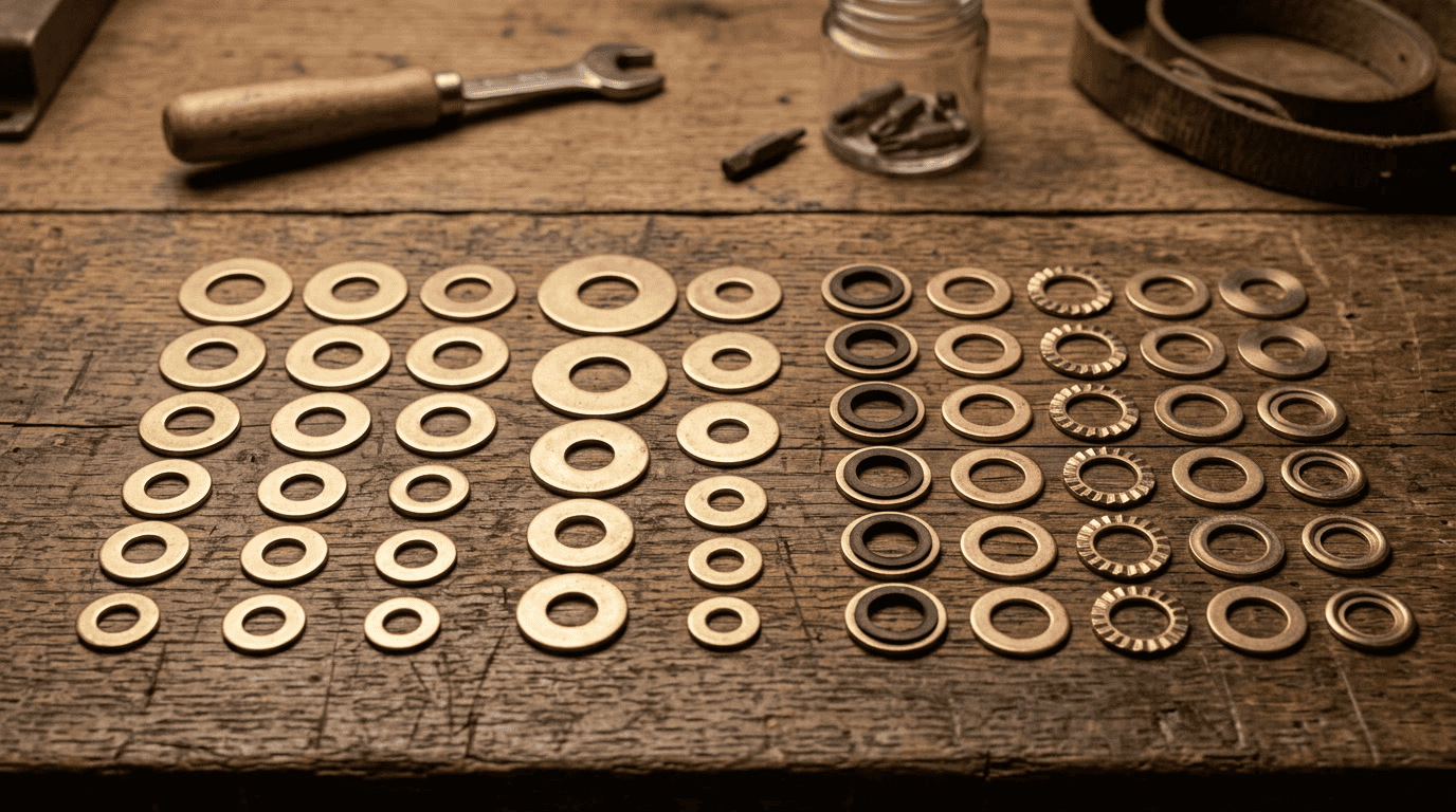 brass washers hero illustration showing assorted brass flat and sealing washers on a workbench
