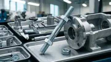 High-quality flange bolts and industrial screws displayed on a manufacturing workbench, showcasing precision-engineered fasteners used in industrial applications.