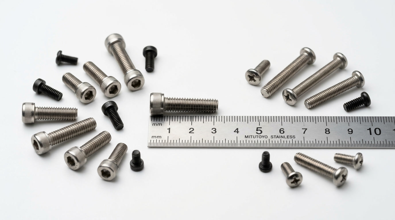 M2 screw dimensions — hero illustration showing assorted M2 metric screws with dimension callouts
