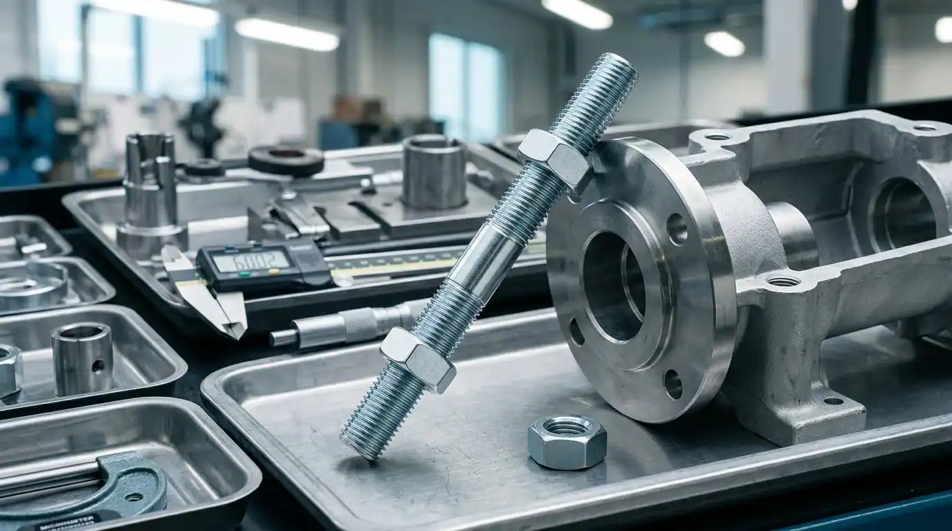 High-quality flange bolts and industrial screws displayed on a manufacturing workbench, showcasing precision-engineered fasteners used in industrial applications.