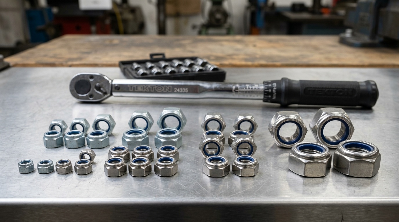 Nylon insert lock nuts — hero overview of various sizes and materials laid out on a workbench