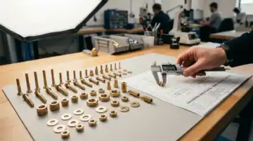 Technician measuring fasteners with digital caliper in a manufacturing workshop, showcasing quality control of bolts, screws, and nuts for industrial applications.