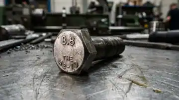 Close-up of a high-strength hex bolt with markings "8.8" and "THE A2-70" on a metal workbench, showcasing durable industrial fasteners.