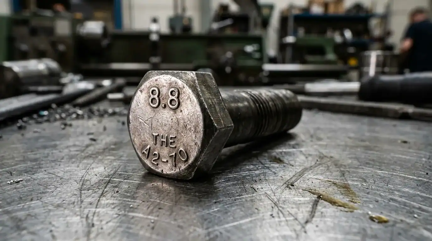 Close-up of a high-strength hex bolt with markings "8.8" and "THE A2-70" on a metal workbench, showcasing durable industrial fasteners.