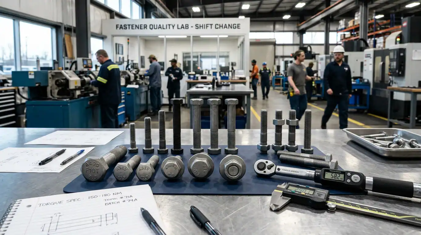 high strength bolts hero illustration showing heavy hex bolts, flange bolts, and structural steel connection components on a clean industrial workbench