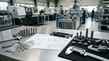 ilustração principal de rosca métrica mostrando parafusos métricos, porcas, calibradores e desenhos de engenharia em uma bancada de inspeção industrial