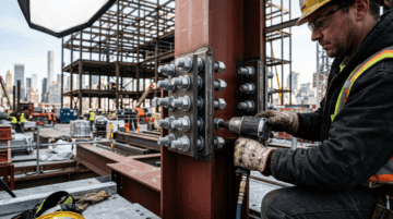 Industrial worker securing flange bolts with a power tool on a steel structure at a construction site.