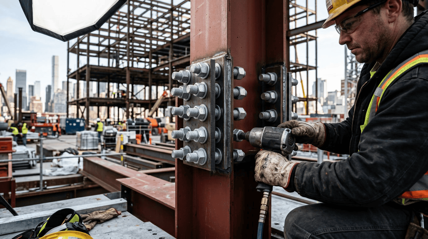 through bolts — hero illustration showing a structural steel beam connection being assembled with heavy-duty hex through bolts on a construction site