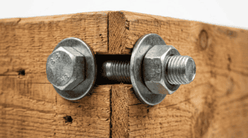 Close-up of high-strength flange bolts securing wooden beams in industrial construction, showcasing durable metal fasteners used in heavy-duty applications.