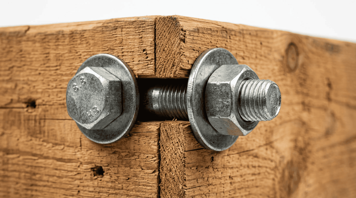 thru bolt — hero illustration showing a structural through-bolt with nut and washer in a wood beam connection