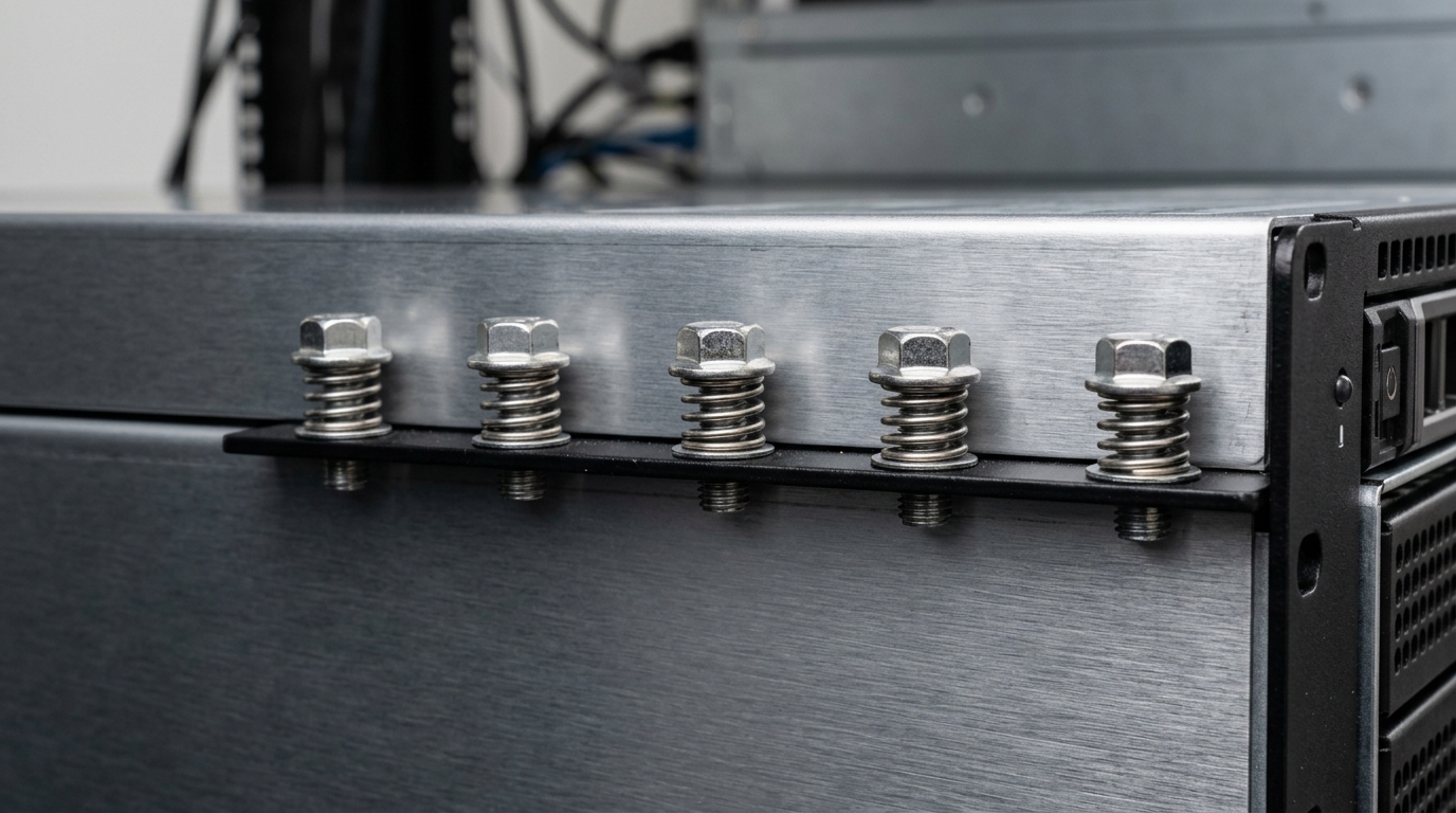Captive screw — hero illustration showing panel assembly with retained fasteners on a server chassis
