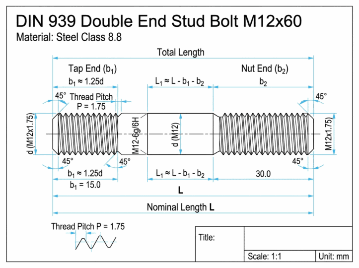 High-quality DIN 939 double end stud bolt M12x60 with detailed technical specifications for industrial fastening solutions.