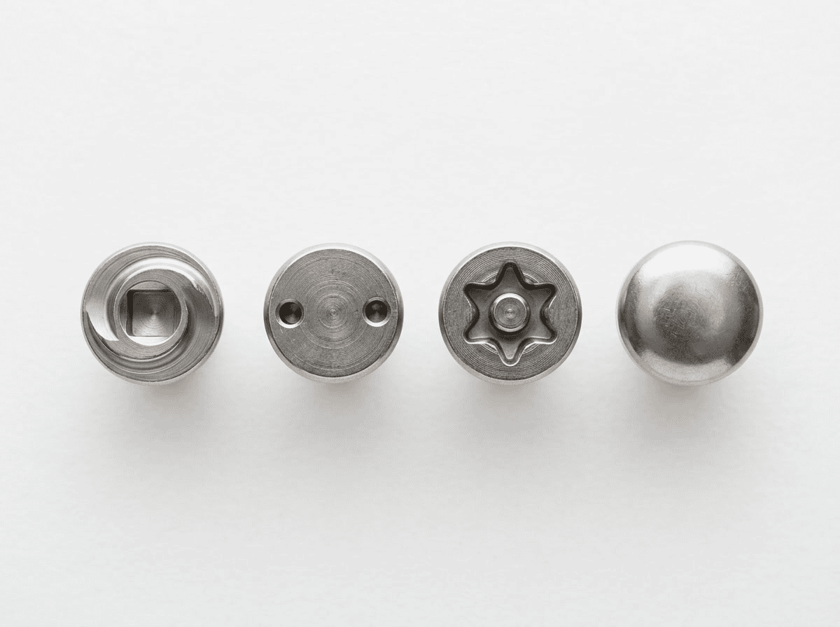 Close-up of four different industrial screws and bolts, showcasing various head designs and finishes, used in manufacturing and construction.