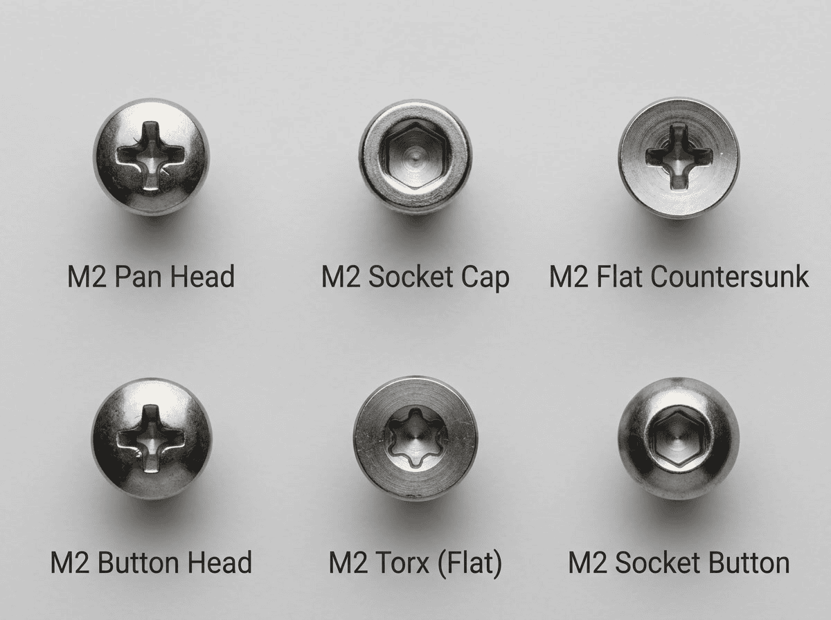 Close-up of M2 flange bolts and screws, including pan head, socket cap, countersunk, button head, torx flat, and socket button, showcasing precision manufacturing.