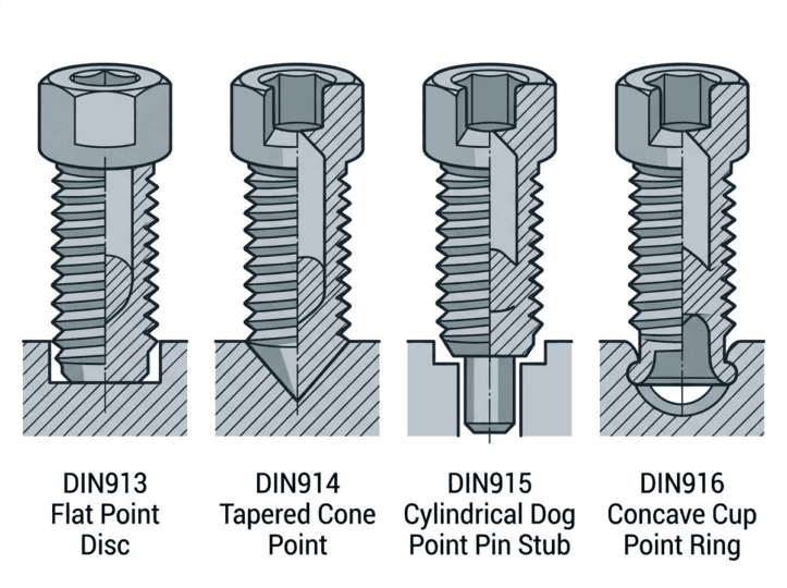 Technical illustration of four types of industrial screws and bolts, including flat point disc, tapered cone point, cylindrical dog point pin stub, and concave cup point ring, used in heavy-duty appli.