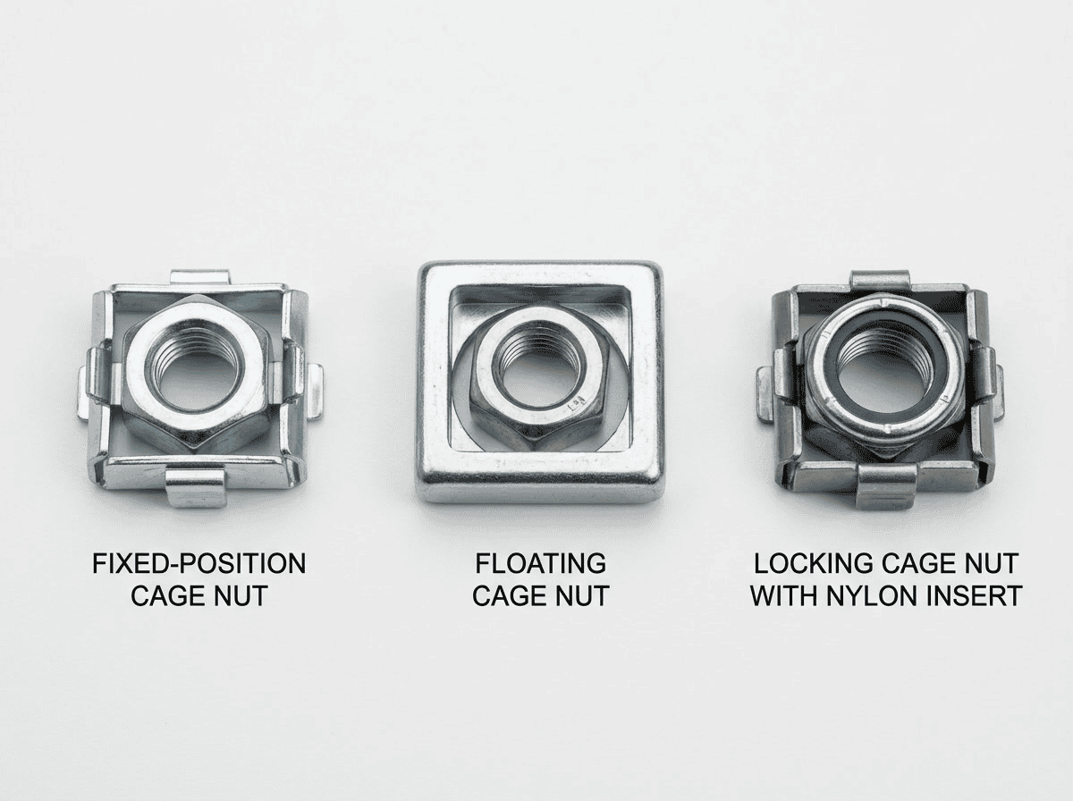 Fixed-position cage nut for secure fastening.