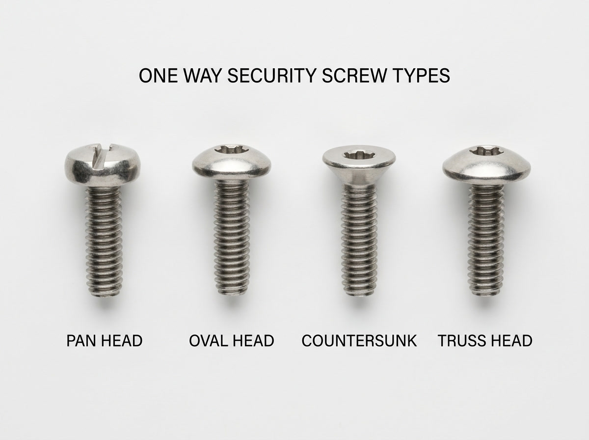 one way screw — diagram showing slotted pan head oval head and countersunk head type variations