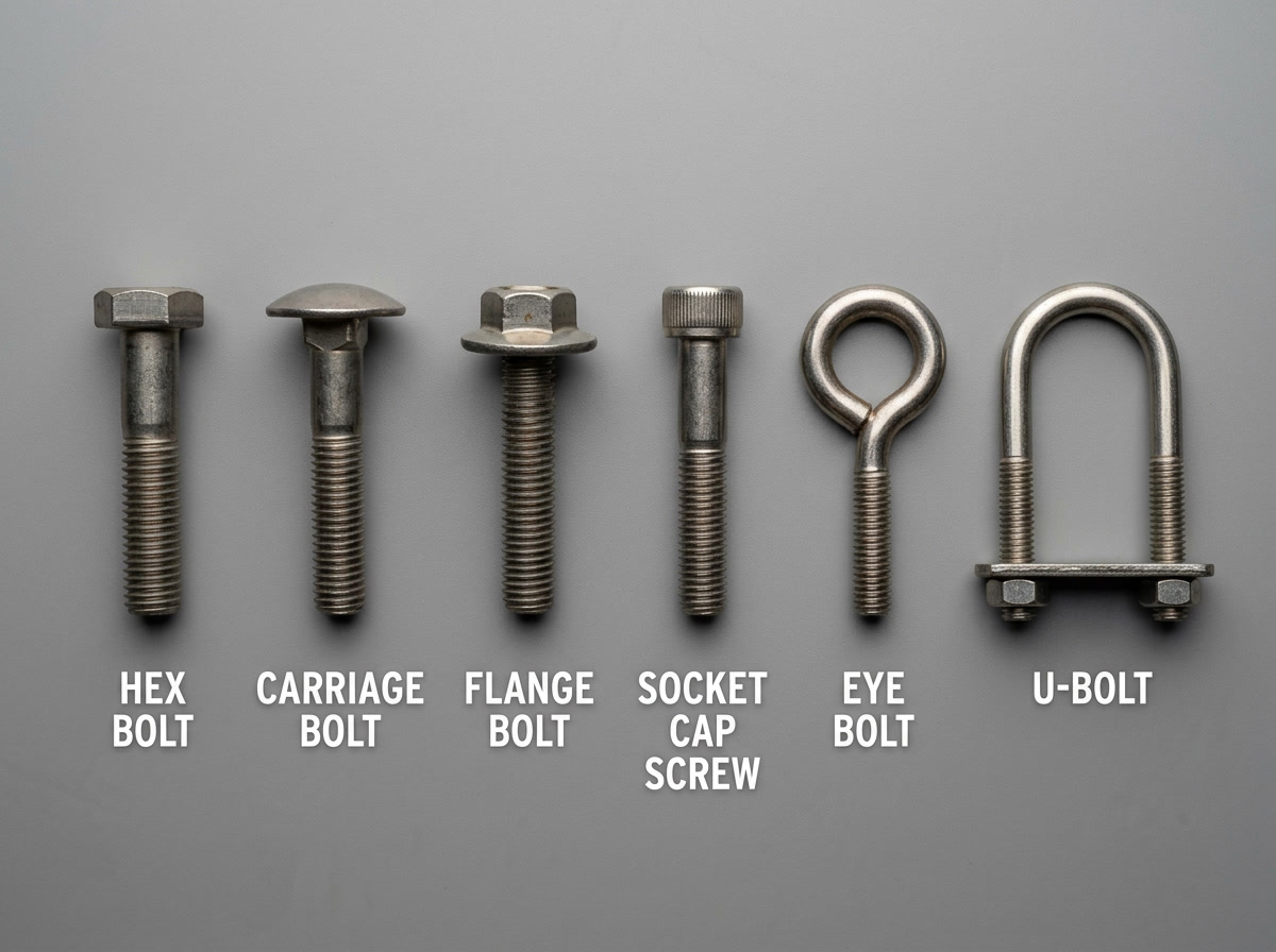 screw nut bolt — diagram showing hex bolt, carriage bolt, flange bolt, eye bolt, and U-bolt types with labels